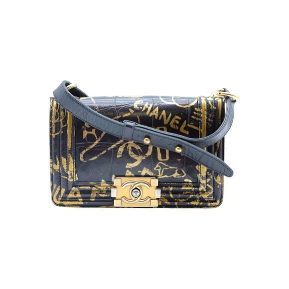 CHANEL Boy Small Calfskin Crocodile Embossed Graffiti Bag In Black - Picture 1 of 7